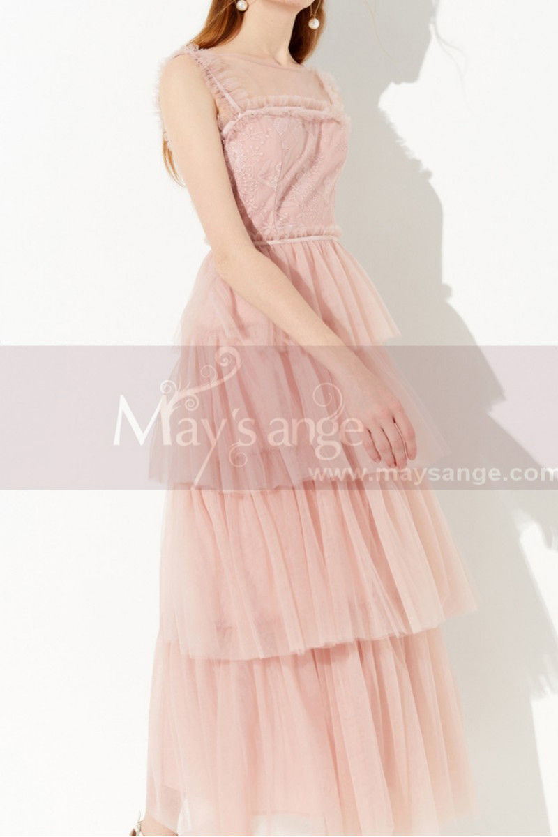 Long Pink Elegant Party Dress Lace Top And Tulle Ruffle Skirt - Ref L2049 - 01