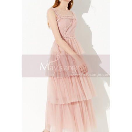 Long Pink Elegant Party Dress Lace Top And Tulle Ruffle Skirt