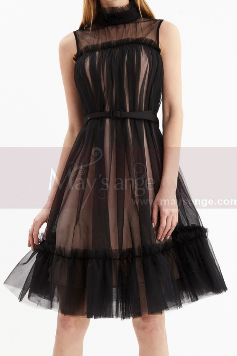 Robe Courte Gala Bicolore En Tulle Sans Manche Avec Ceinture - Ref C2048 - 01