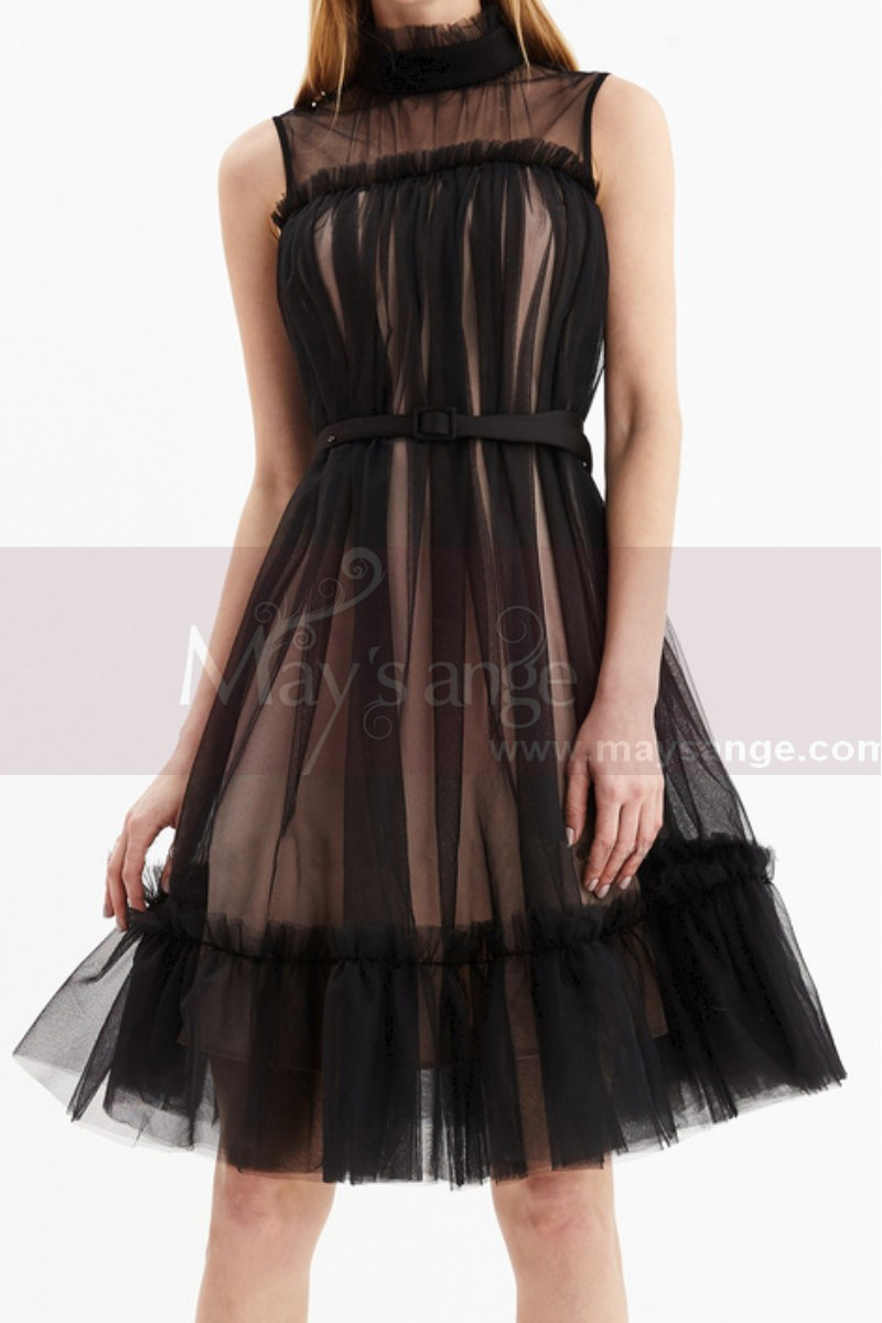 Sleeveless Tulle Short Black Reception Dress With Nude Lined - Ref C2048 - 01