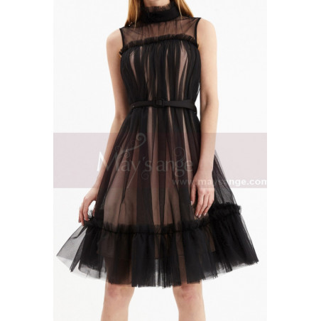 Robe Courte Gala Bicolore En Tulle Sans Manche Avec Ceinture
