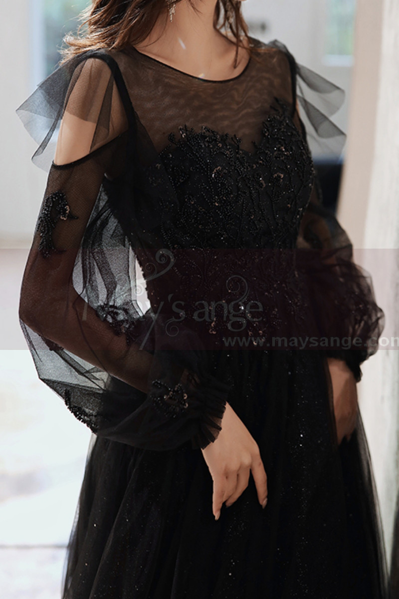 Robe Noir Pour Gala Style Vintage Manches Longues A découpe - Ref L2042 - 01