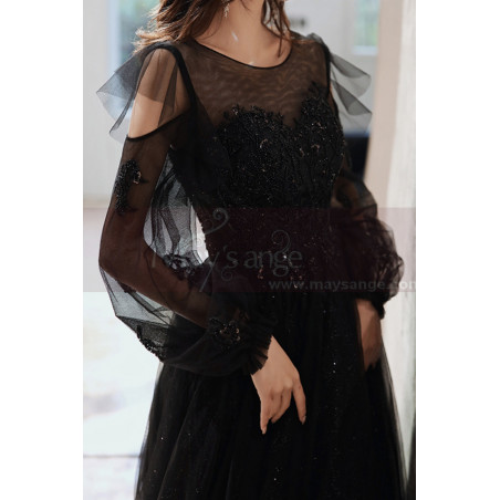 Robe Noir Pour Gala Style Vintage Manches Longues A découpe