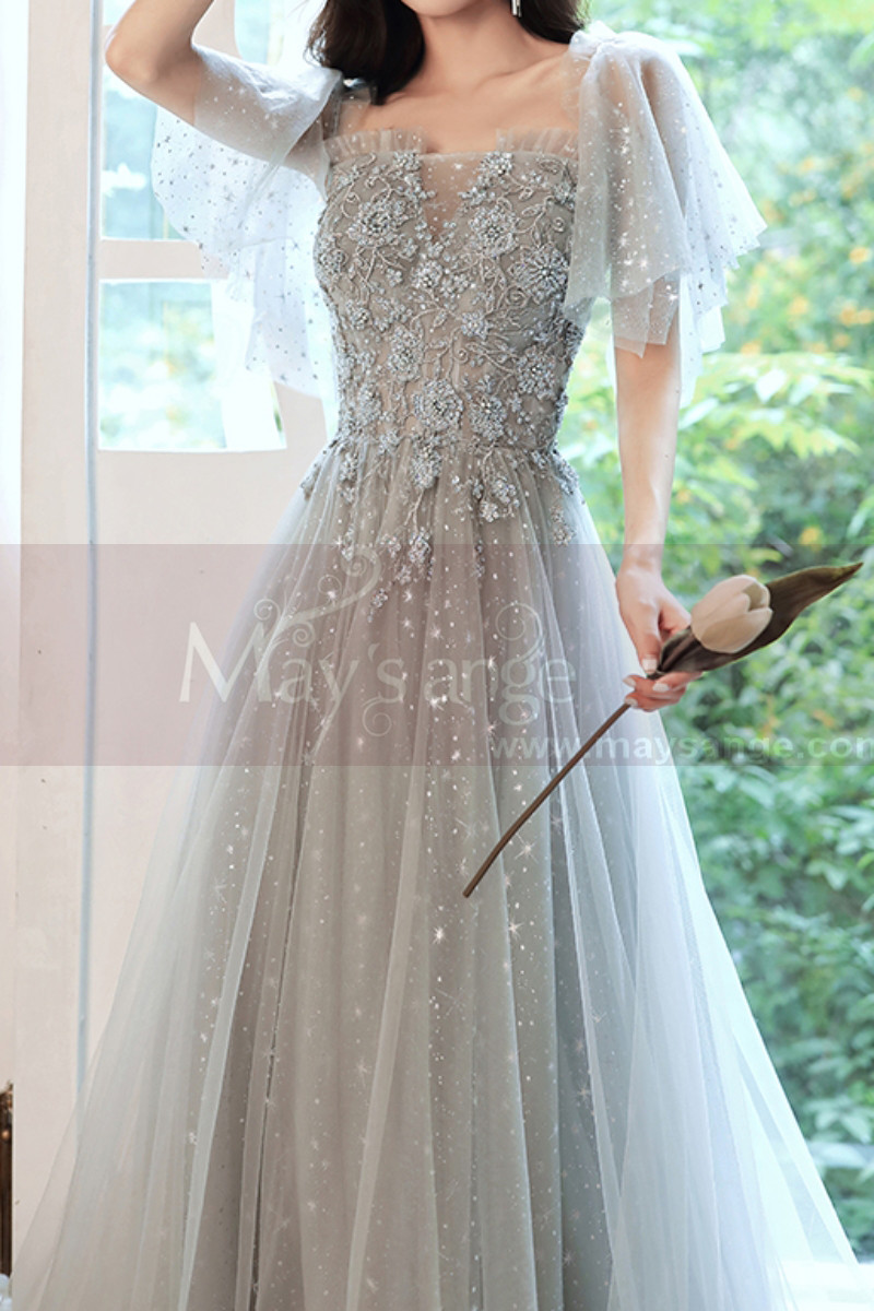 Embroidered Top Pearl Gray Wedding Guest Dresses With Sleeves - Ref L2040 - 01