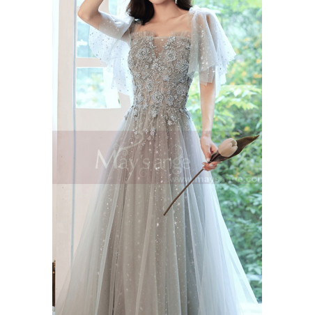 Robe Pour Cérémonie Mariage Gris Perle Avec Manches Volantes