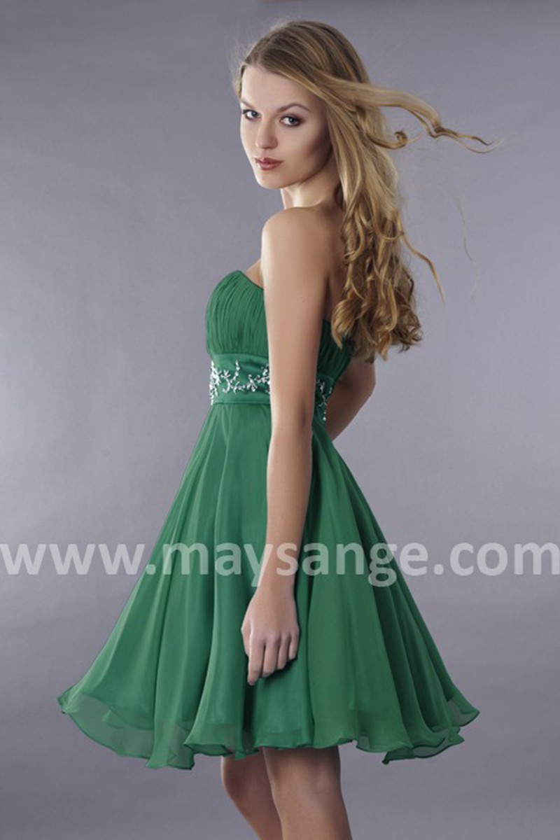 Short Green Strapless Wedding-Guest Dress With Rhinestone Belt - Ref C114 - 01