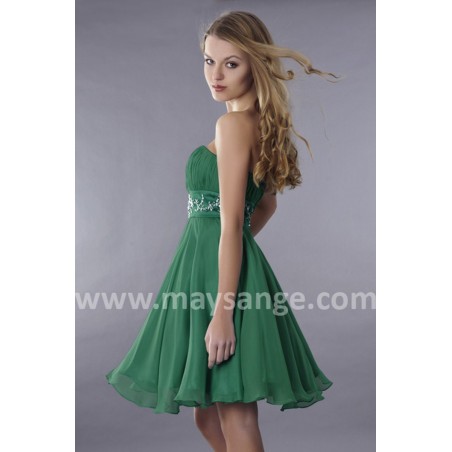 Short Green Strapless Wedding-Guest Dress With Rhinestone Belt