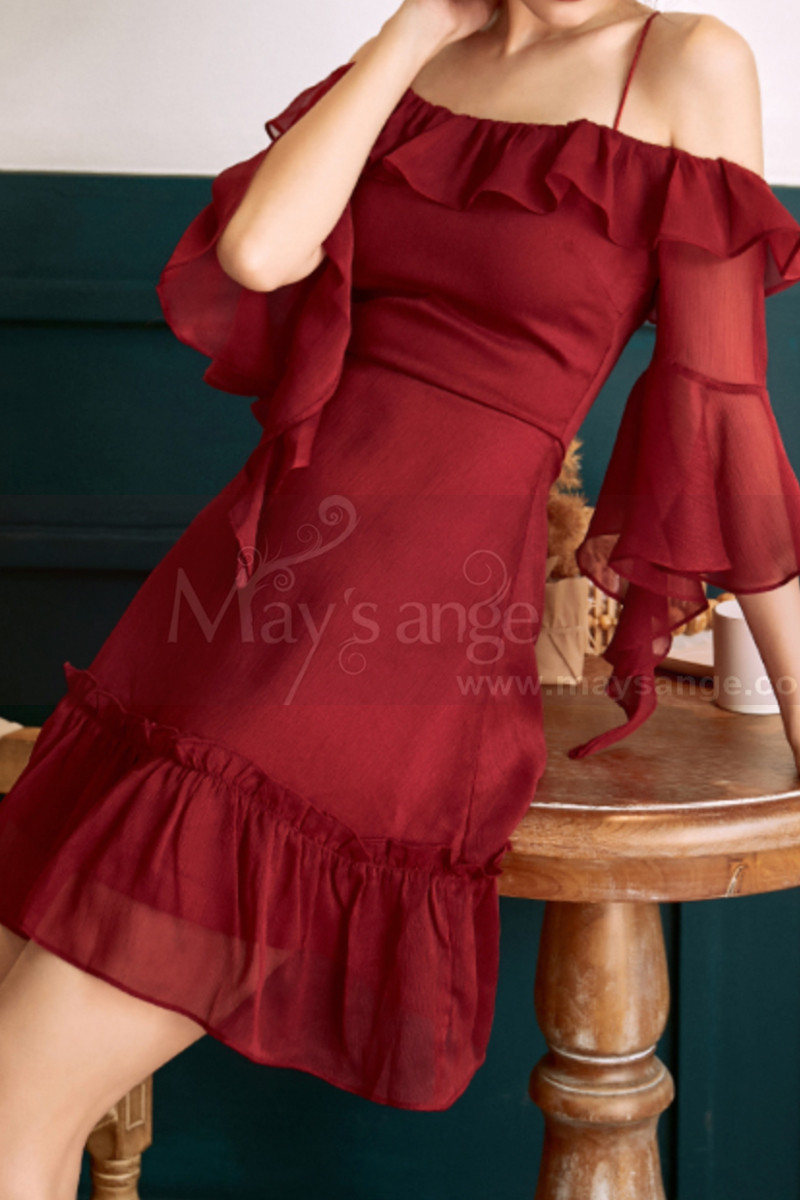 Petite Robe Rouge Sexy Pour Cocktail Avec Manches A Volants - Ref C2026 - 01