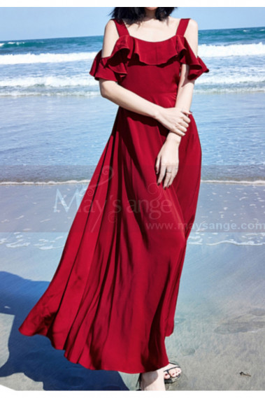 Long Chiffon Red Sexy Cocktail Dress Strap And Ruffle Sleeve - C2022 #1