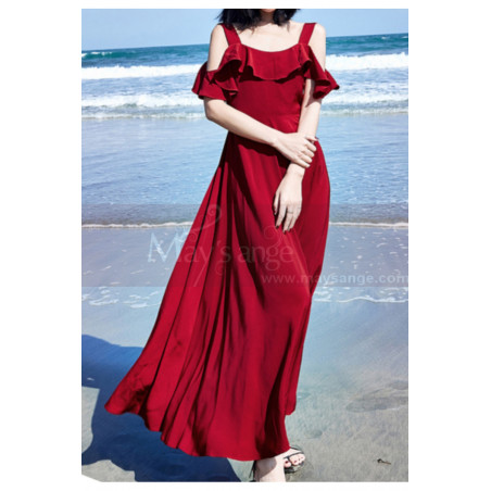 Long Chiffon Red Sexy Cocktail Dress Strap And Ruffle Sleeve