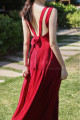 Robe Cocktail Simple Rouge Longue Dos Nu Avec Joli Noeud - Ref C2024 - 03