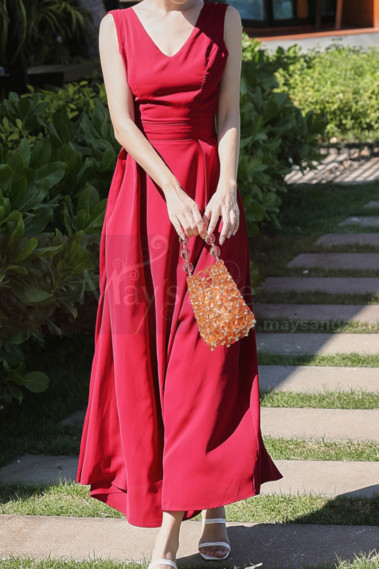 Long Red Chiffon Casual Beach Dress Wiht Cute Bow Backless - C2024 #1