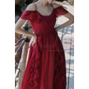 Robe Cocktail Eté Rouge Midi Avec Décolleté Et Jupe A Volant - Ref C2020 - 02