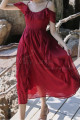 Robe Cocktail Eté Rouge Midi Avec Décolleté Et Jupe A Volant - Ref C2020 - 05