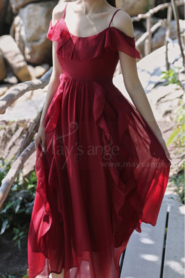 Tea Length Flounce Skirt And Neck Red Summer Cocktail Dress - C2020 #1