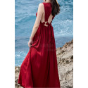 Robe Rouge Cocktail Longue En Mousseline Dos Nouer A Découpe - Ref C2021 - 02