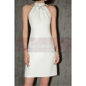 Robe Courte Blanche Simple Pour Mariage Sans Manche Col Licou - Ref M1300 - 04