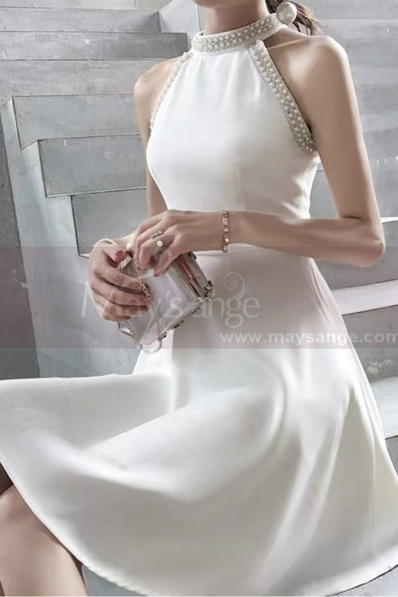 Short Chiffon Luxury Wedding Dresses With Pearl Halter Neck - Ref M1299 - 01