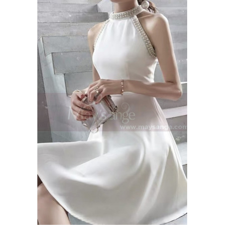 Short Chiffon Luxury Wedding Dresses With Pearl Halter Neck