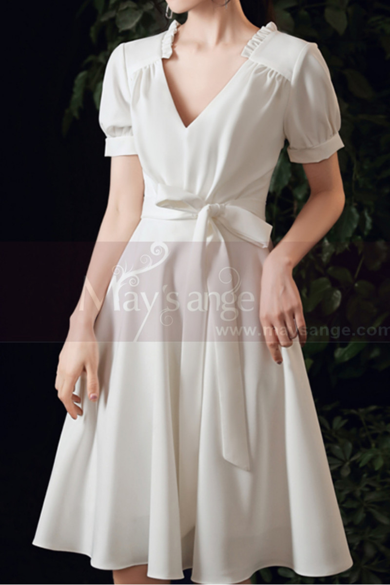 Cute Modest Wedding Gowns Short Flared Skirt With Bow Belt