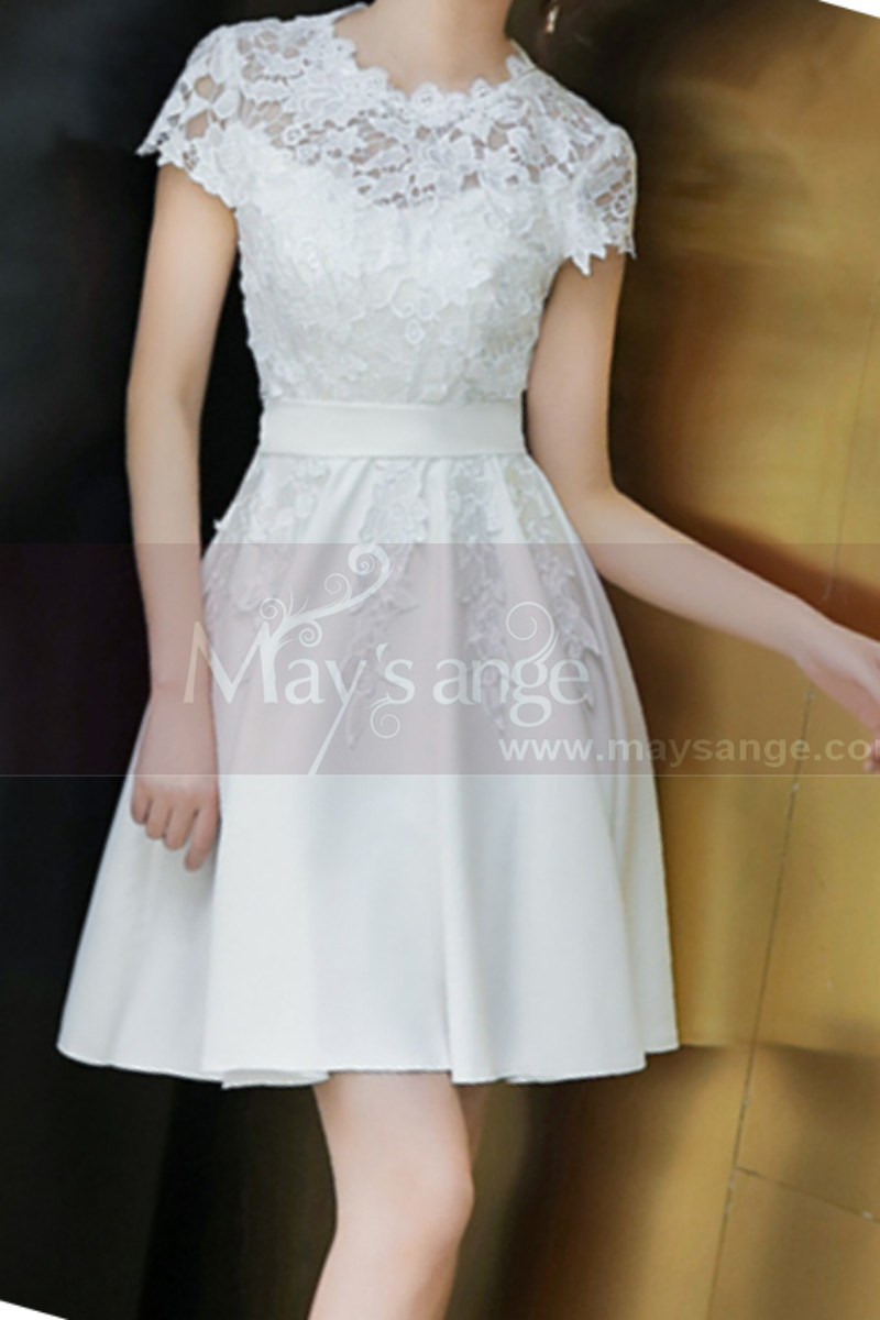 Lace Top Fitted Waist Short White Wedding Dress With Sleeve - Ref M1295 - 01