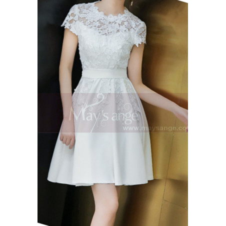 Lace Top Fitted Waist Short White Wedding Dress With Sleeve