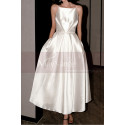 Calf Length White Satin Backless Wedding Dresses With Pocket - Ref M1290 - 05