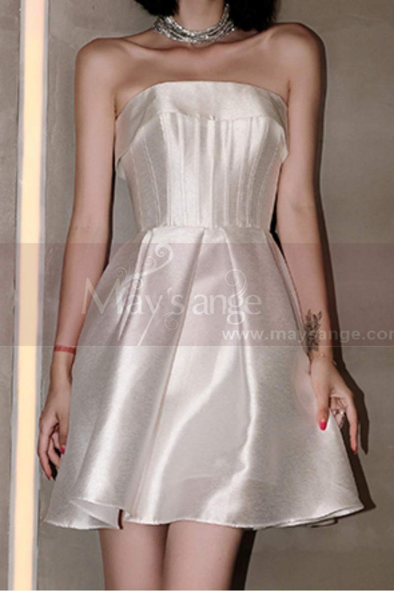 Robe Bustier Cocktail Mariage Blanche Courte Satin Brillant - Ref M1297 - 01