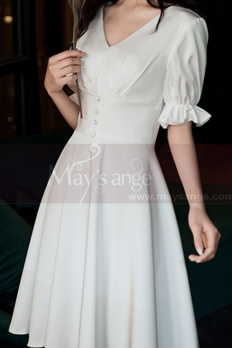 V Neck Short White Bohemian Wedding Dress With Elastic Sleeve - Ref M1298 - 01