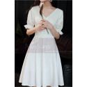 V Neck Short White Bohemian Wedding Dress With Elastic Sleeve - Ref M1298 - 04