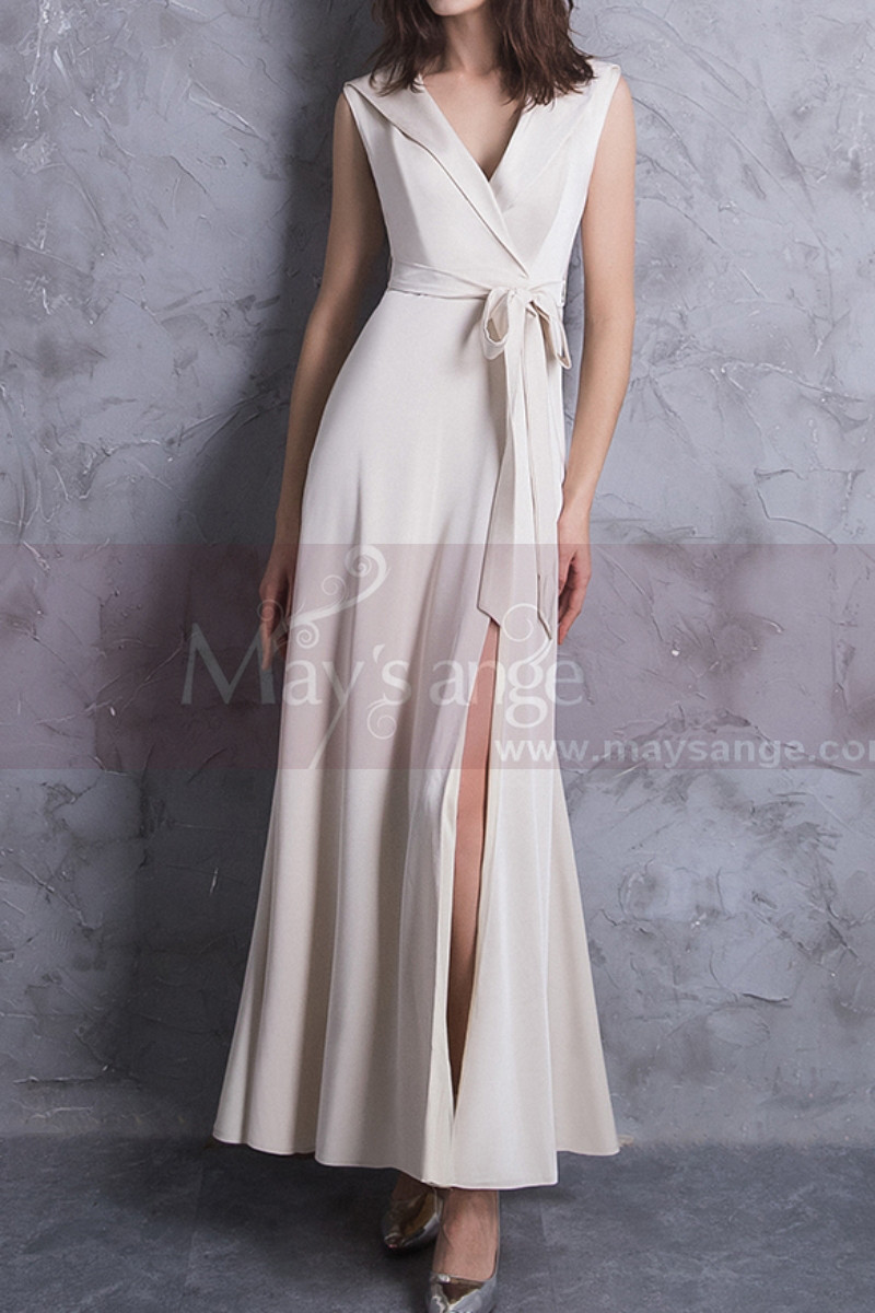 Off White Long Slit Dresses For Civil Wedding With Tie Belt - Ref M1306 - 01