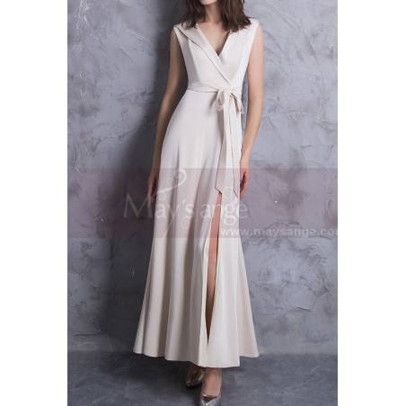 Off White Long Slit Dresses For Civil Wedding With Tie Belt