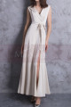 Off White Long Slit Dresses For Civil Wedding With Tie Belt - Ref M1306 - 02