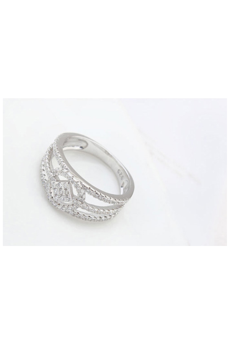 Bague femme large argent sterling ornée de strass - Ref 22456 - 01