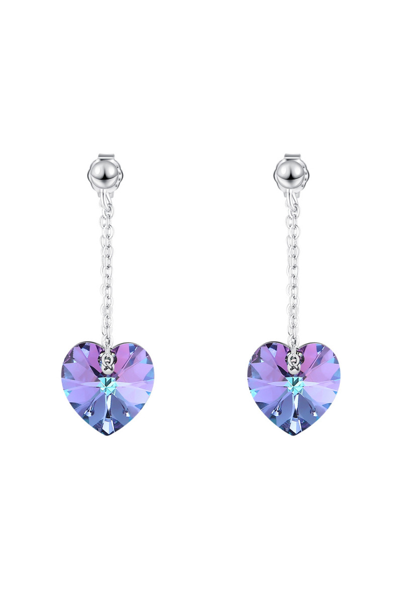 Purple crystal heart jewellery earrings silver pendant chain - Ref 30577 - 01