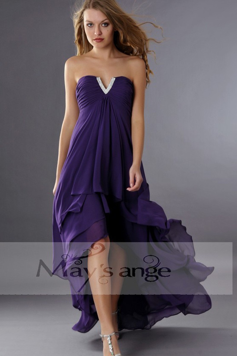 Asymmetrical Violet Wedding-Guest Dress With V Rhinestones - Ref C088 - 01