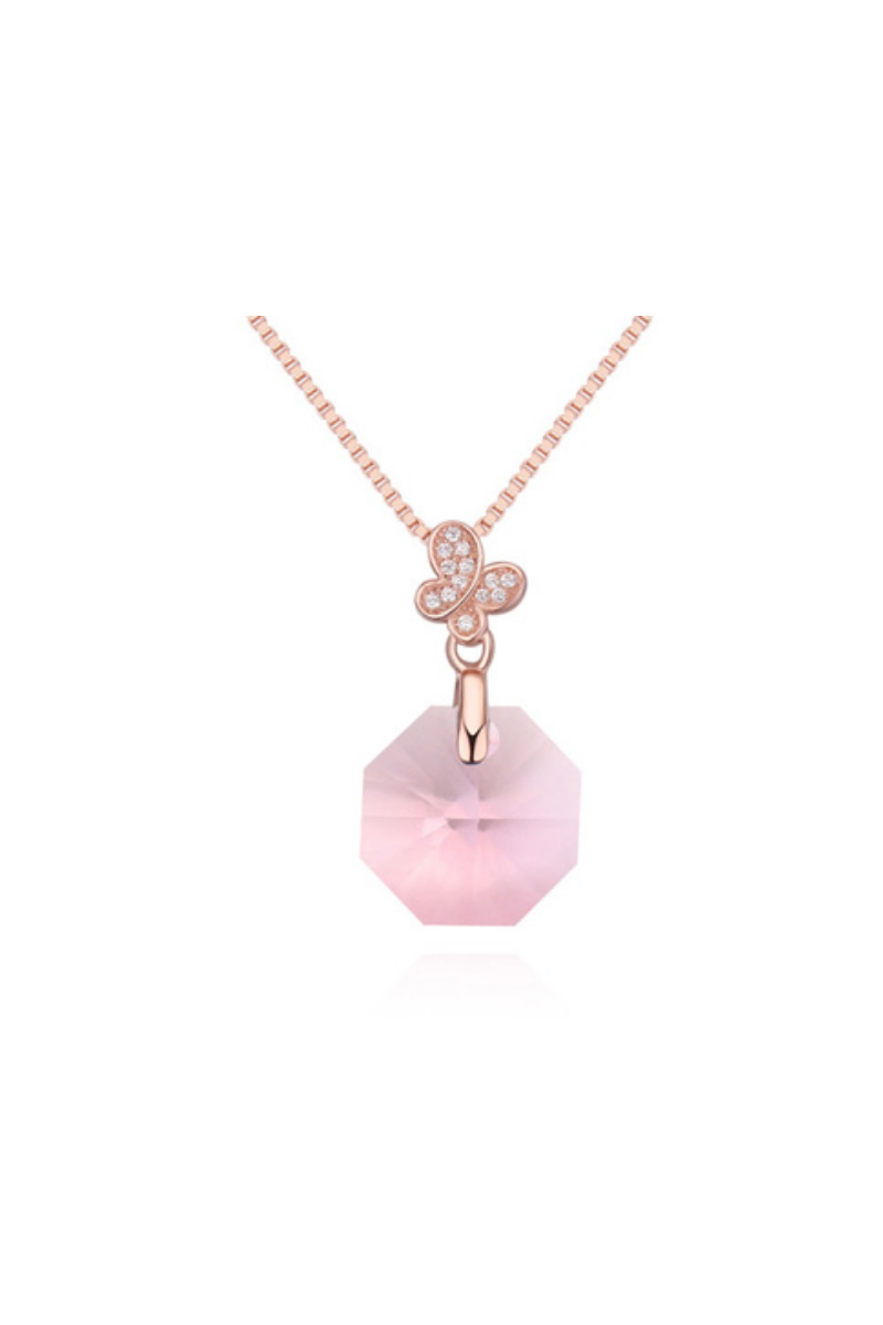 Collier papillon chaîne dorée et cristal rose géométrique - Ref 21917 - 01