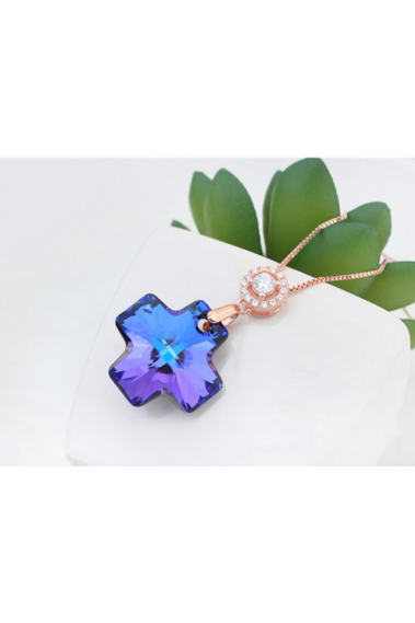 Collier pendentif croix pierre cristal bleu violet chaîne dorée - 21939 #1