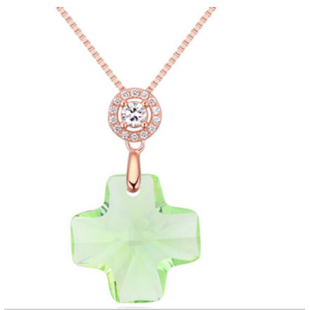 Collier pierre verte cristal en forme de croix chaîne dorée