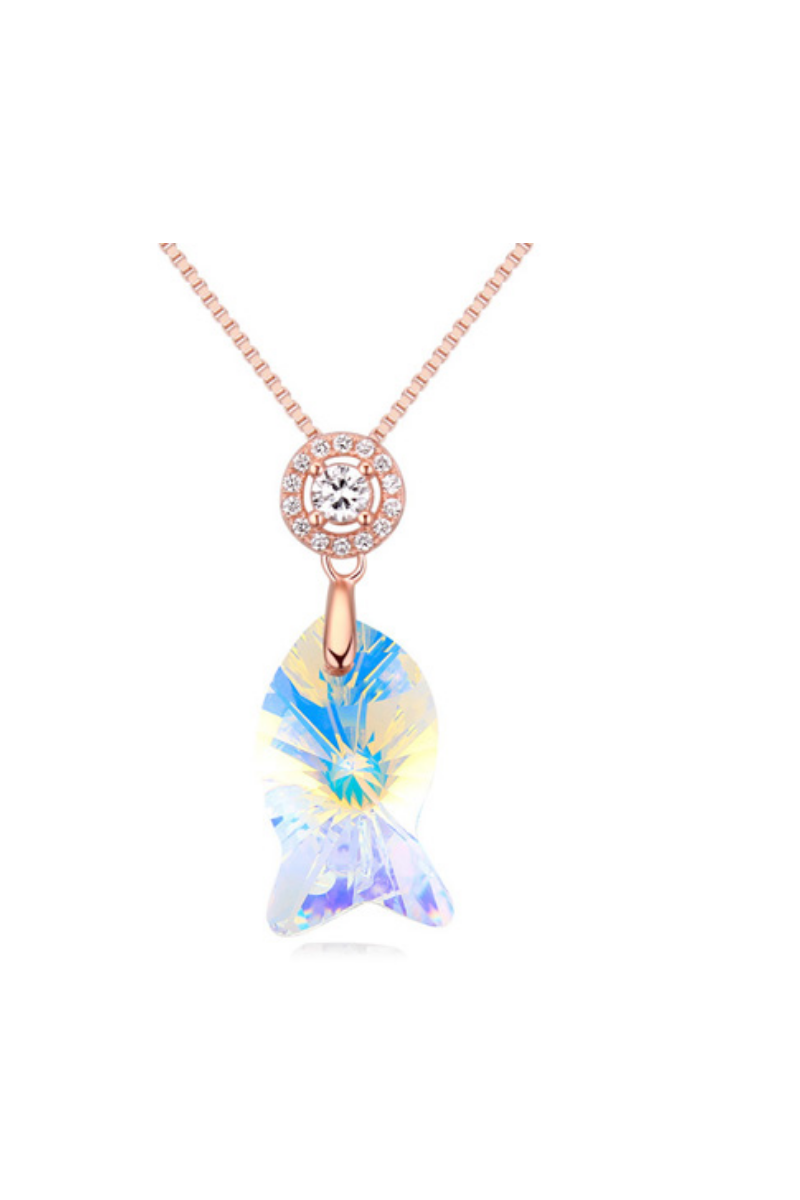 Collier pendentif poisson joli cristal blanc multicolore - Ref 21942 - 01