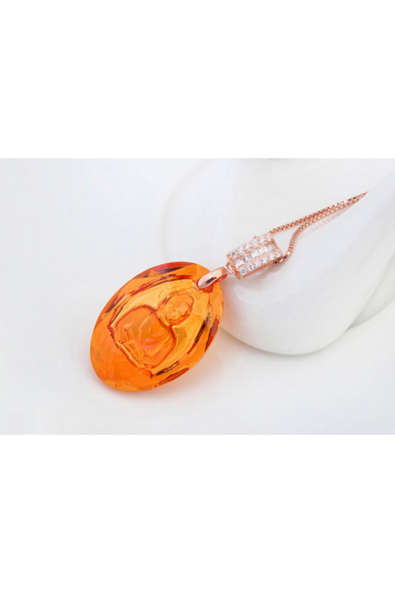 Collier pendentif rond pierre brillant orange avec dessin - Ref 21950 - 01