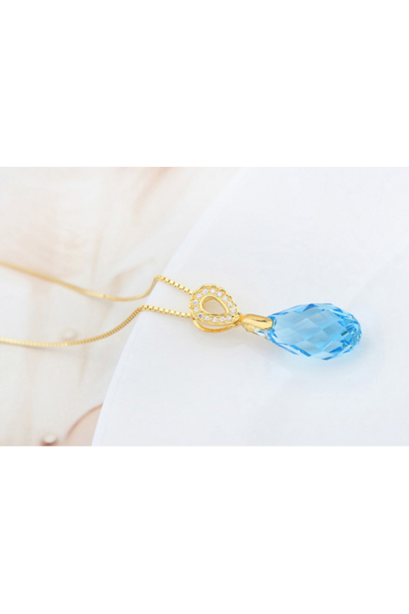 Collier tendance pendentif pierre goutte d’eau cristal bleu - Ref 21984 - 01