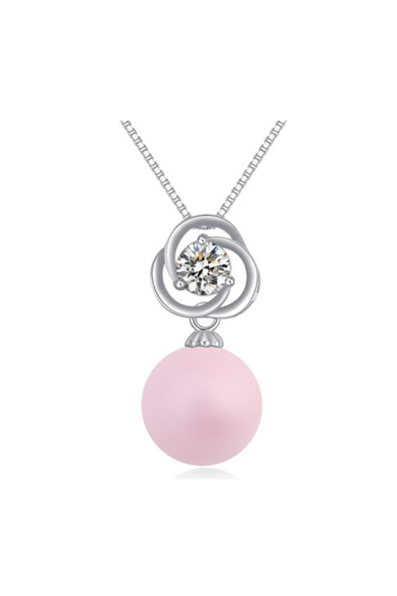 Collier grosse boule rose et cristal blanc avec chaîne argent - Ref 22016 - 01