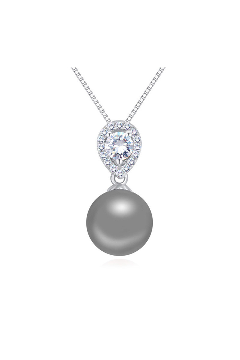 Collier en argent 925 femme avec boule gris et cristal blanc - Ref 22044 - 01