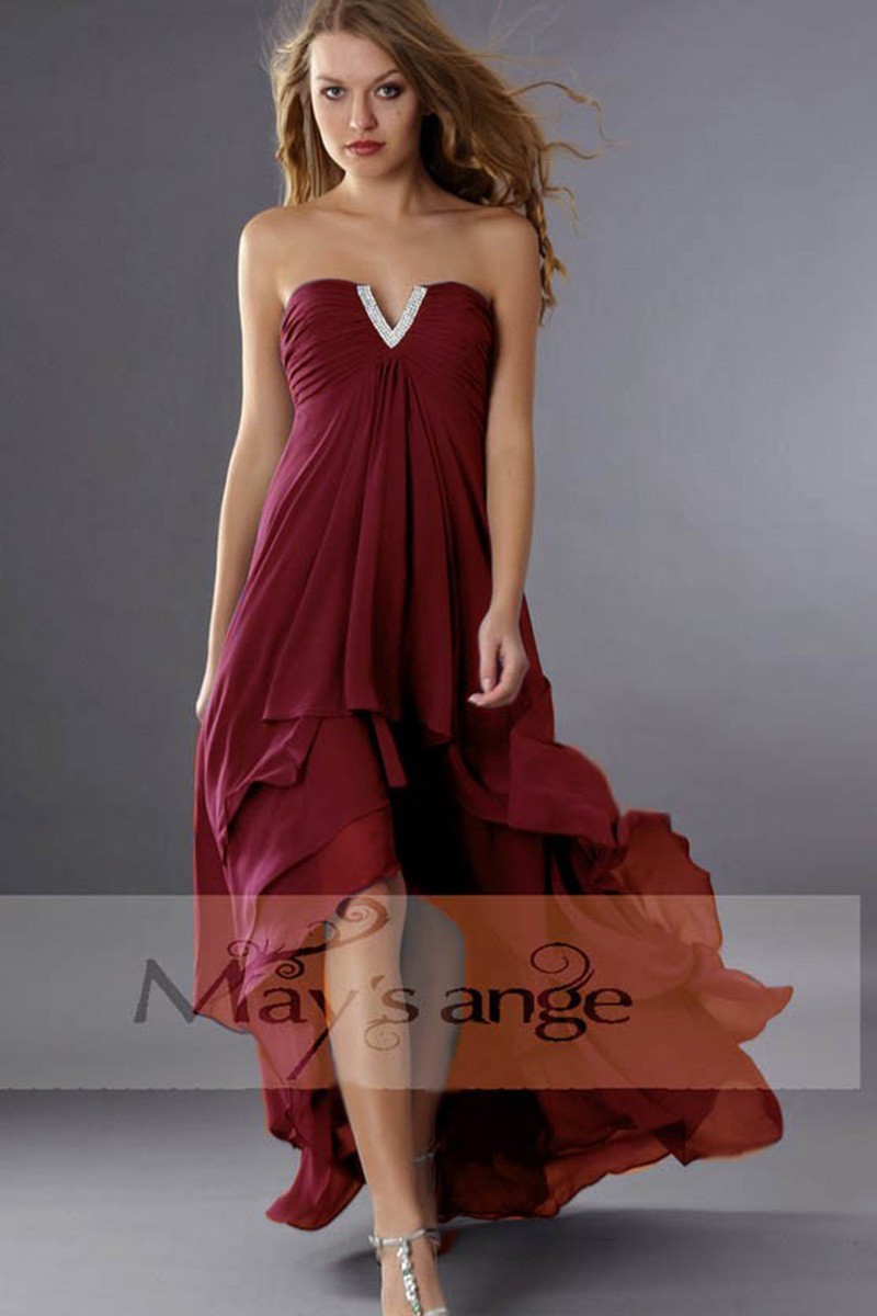 Rhinestone V Strapless Burgundy Asymmetric Cocktail Dresses - Ref C195 - 01