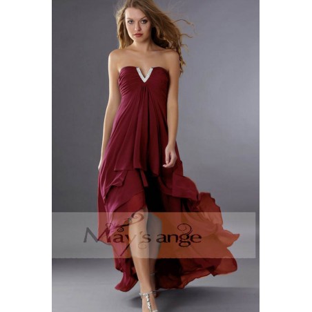 Rhinestone V Strapless Burgundy Asymmetric Cocktail Dresses