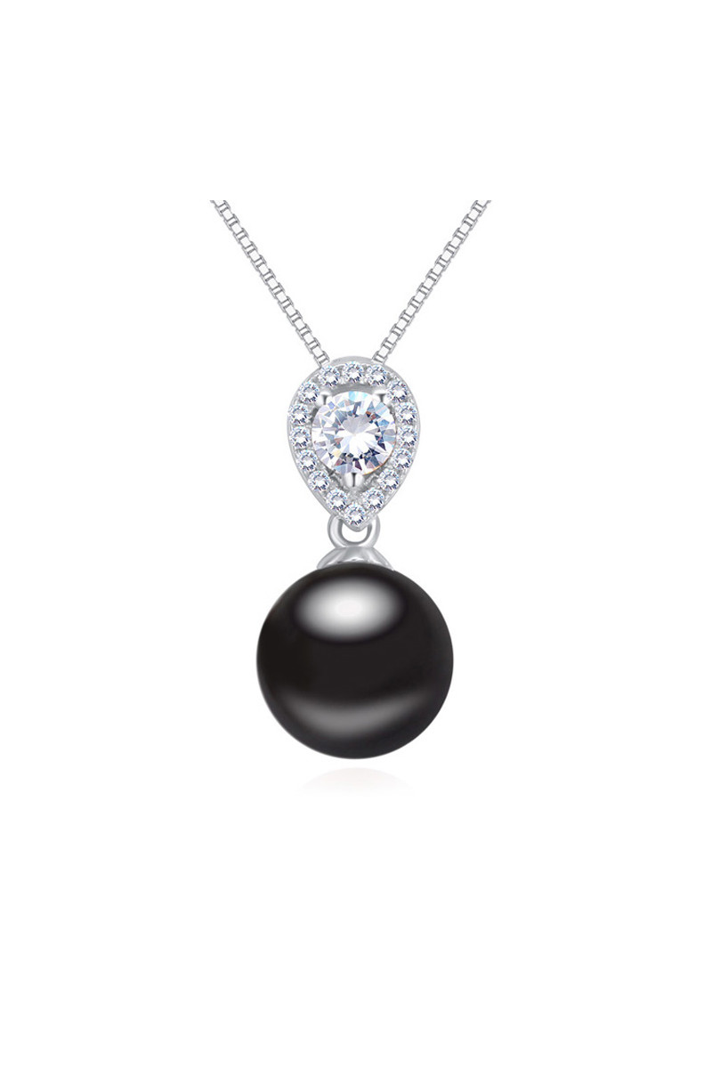 Collier noir femme pendentif boule et chaîne fine en argent - Ref 22046 - 01