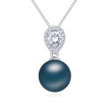 Collier argent et pendentif boule bleu pétrole imitation perle - Ref 22047 - 02