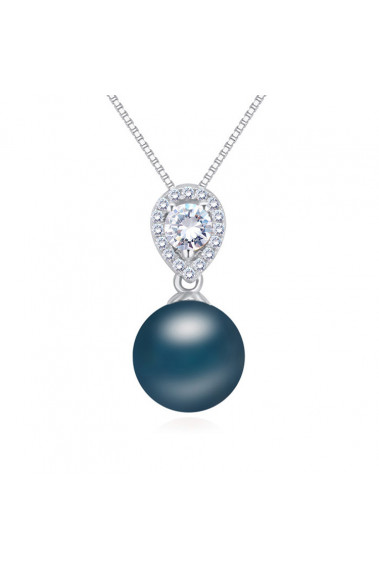 Collier argent et pendentif boule bleu pétrole imitation perle - 22047 #1