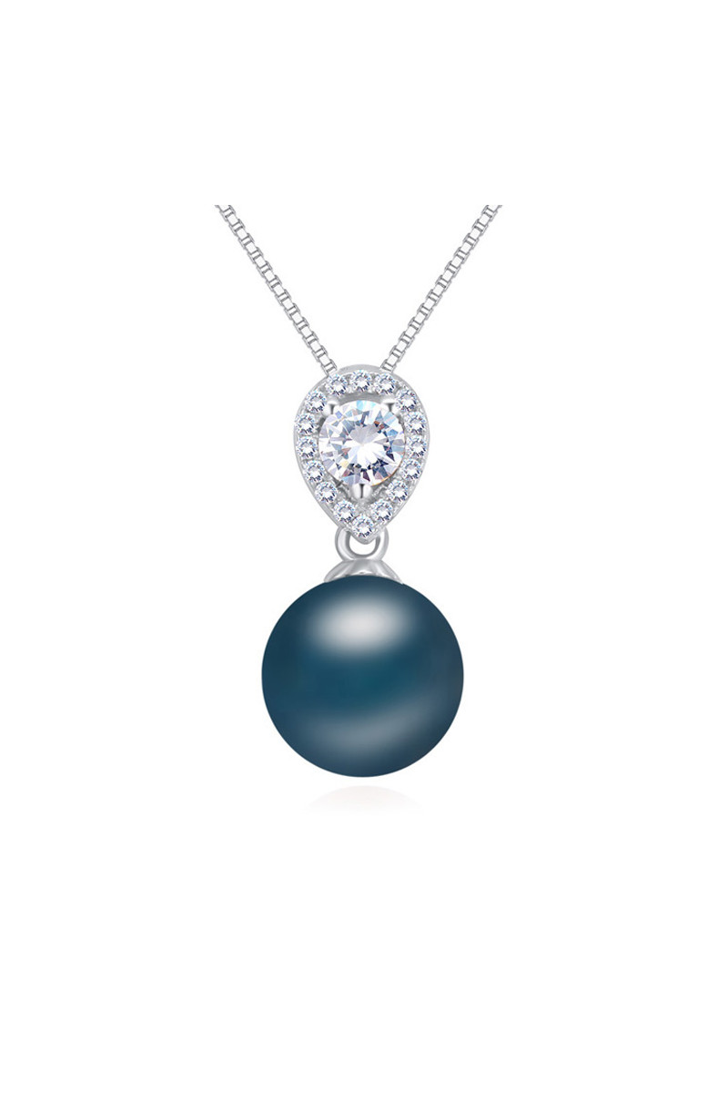 Collier argent et pendentif boule bleu pétrole imitation perle - Ref 22047 - 01